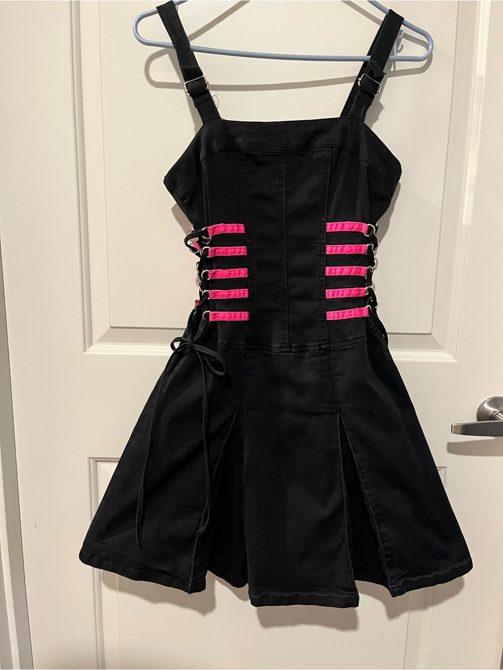 90s Daang Goodman Tripp nyc Black Mini Dress with Hot Pink Side Straps Corset M